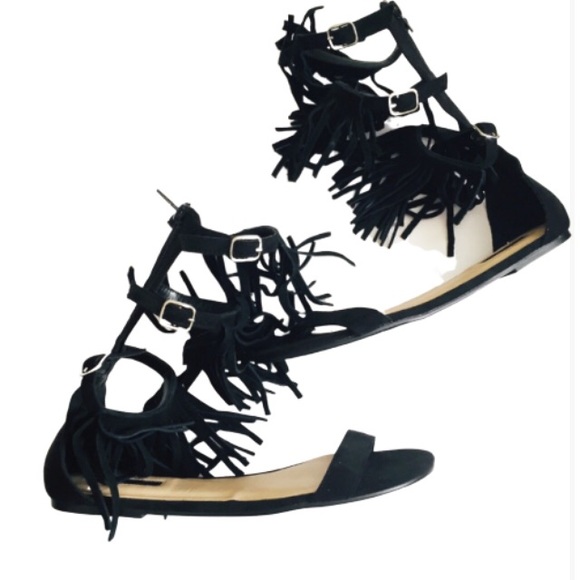 FOREVER 21 Link T Strap Fringe Sandals Black Size 8 - Picture 4 of 5
